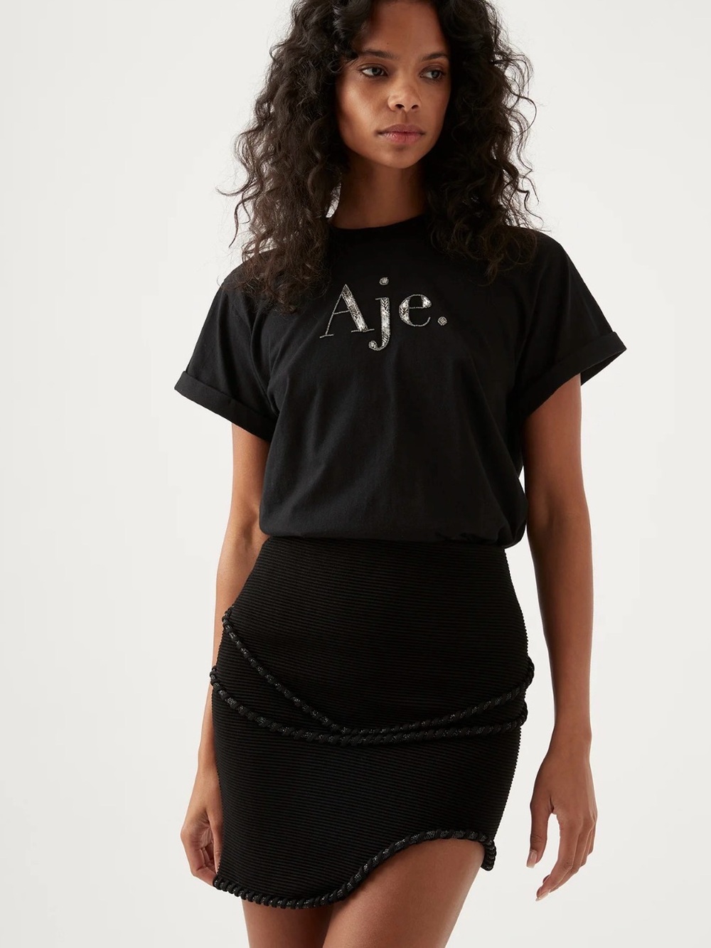 Aje Black Ribbed Mini Skirt with Braided Detail